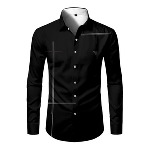 Button Front, Long Sleeve Men's Shirt with Stripe Detail