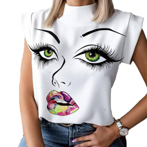 Short Sleeve, High Neck and Face, Eye Brow Print, Choose from 2 styles