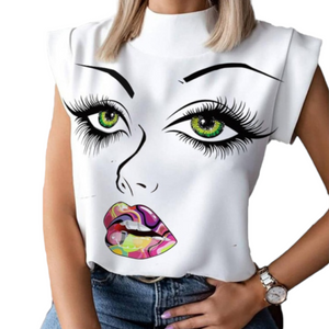 Face Print Top with Short Sleeve and High Neck, Choose from 2 styles
