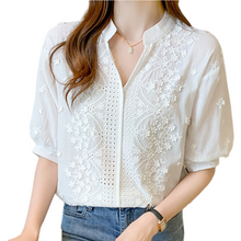 Load image into Gallery viewer, Elegant V-neck Short Sleeve White Embroidered Top