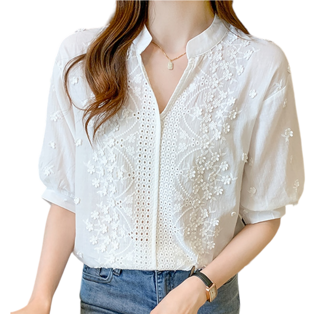 Elegant V-neck Short Sleeve White Embroidered Top