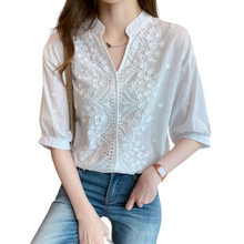 Load image into Gallery viewer, Elegant V-neck Short Sleeve White Embroidered Top