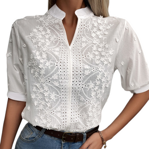 Elegant V-neck Short Sleeve White Embroidered Top