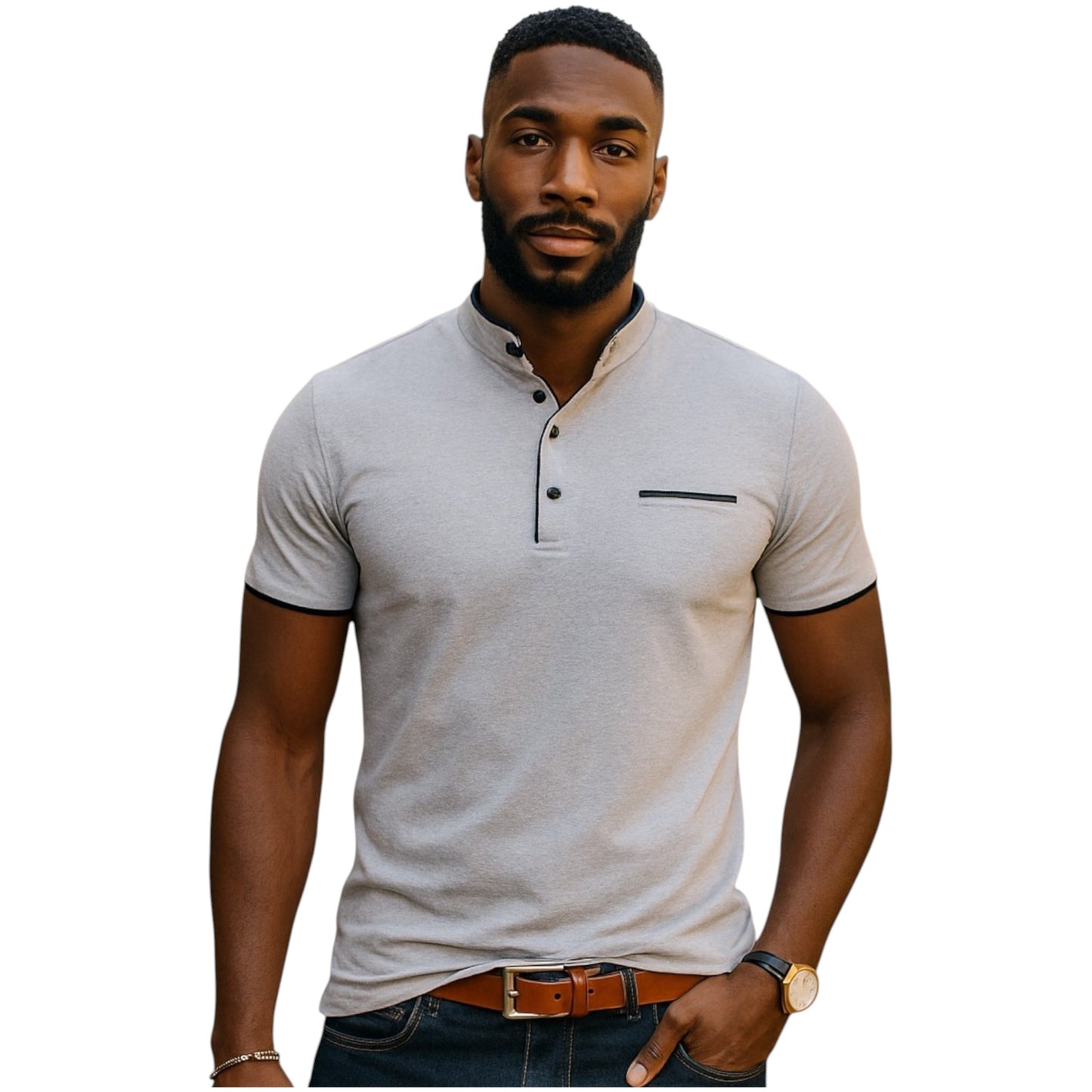 Polo Shirt with Fashion Detailing, Short Sleeve with Stand Collar Available in 6 Colours