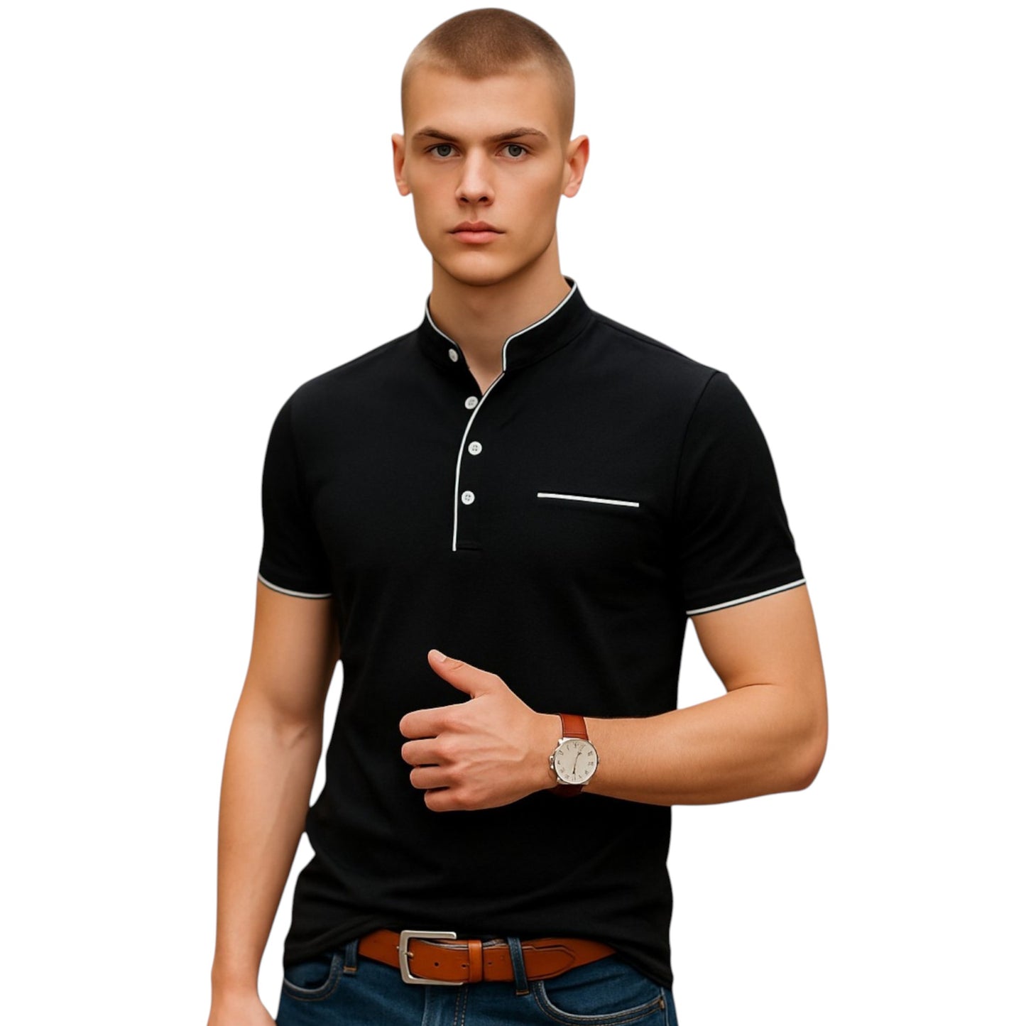 Polo Shirt with Fashion Detailing, Short Sleeve with Stand Collar Available in 6 Colours