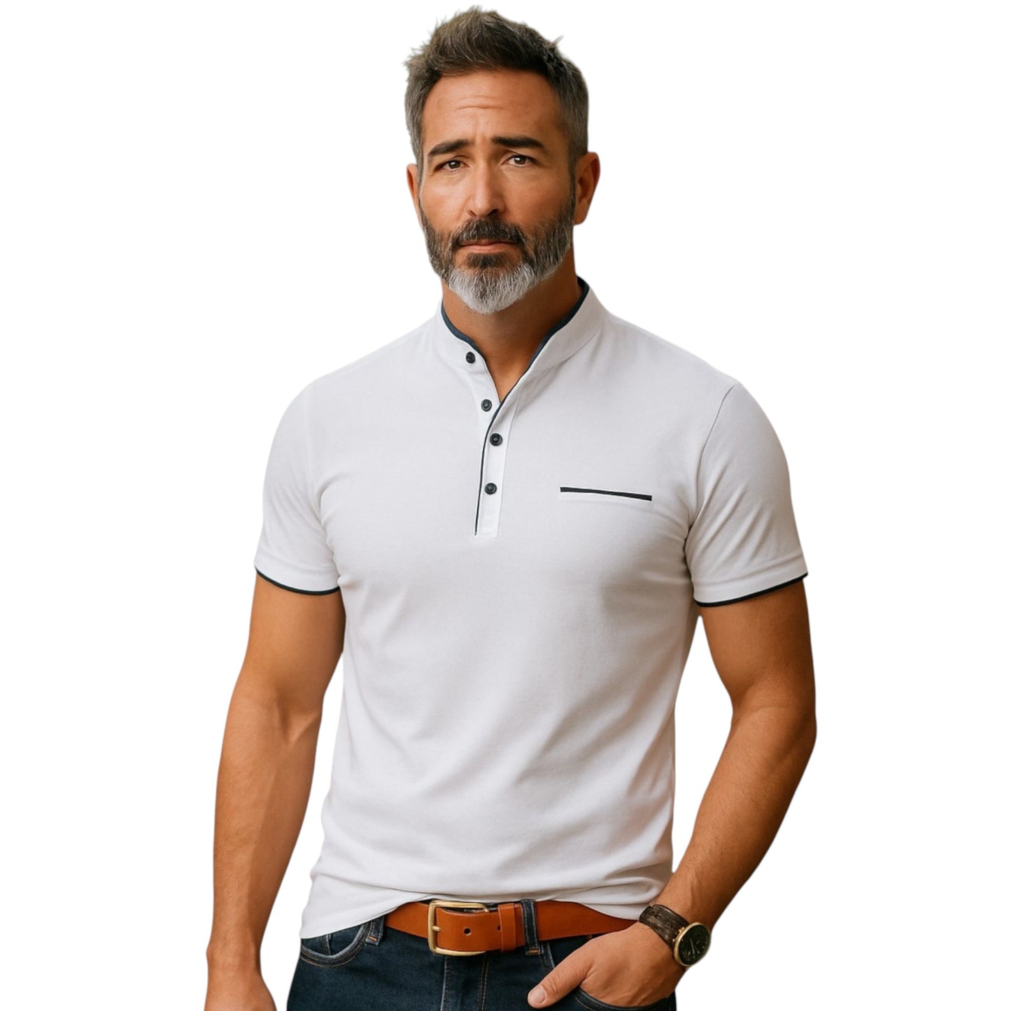 Polo Shirt with Fashion Detailing, Short Sleeve with Stand Collar Available in 6 Colours