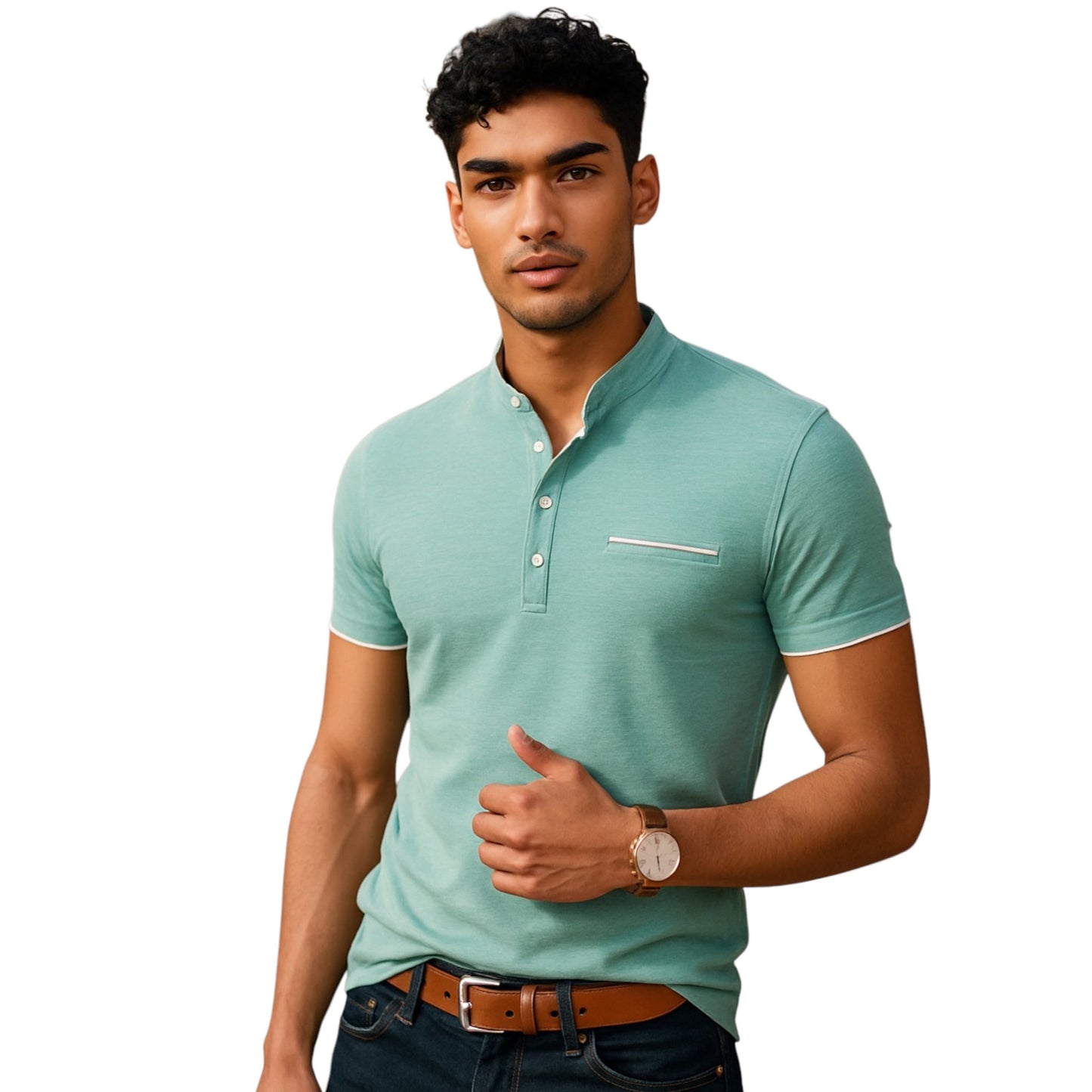Polo Shirt with Fashion Detailing, Short Sleeve with Stand Collar Available in 6 Colours